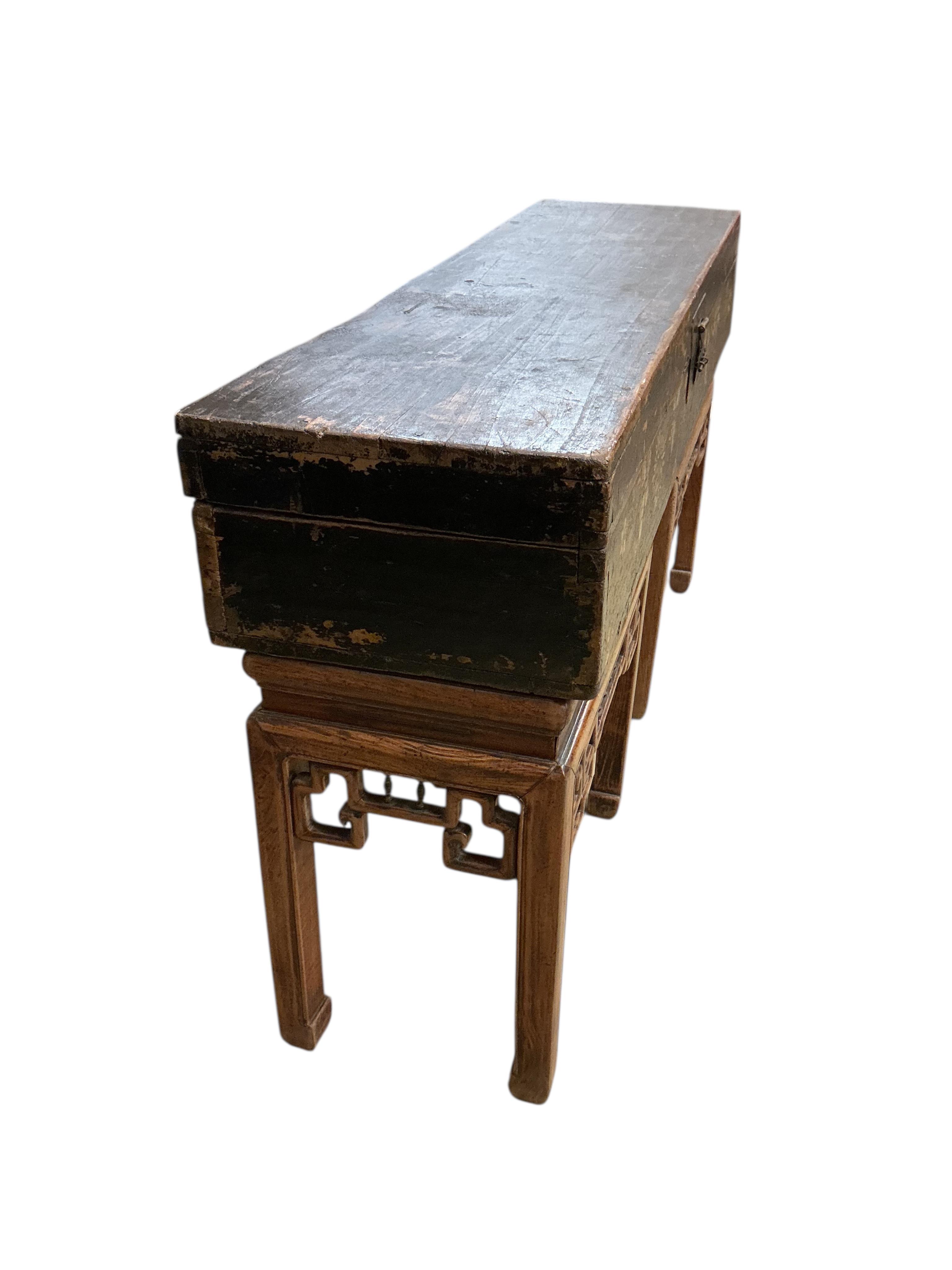 A Chinese painted box on associated rosewood stand, width 128cm, depth 35cm, height 72cm